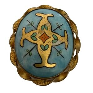 Vintage Hand Painted Gold Tone Art Deco Nouveau Brooch Pin Blue Large LOTR